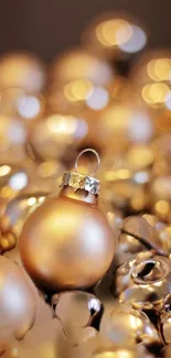 Golden ornament with festive bokeh lighting on a decorative background.