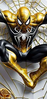 Golden and black superhero perched on a web in detailed artwork.