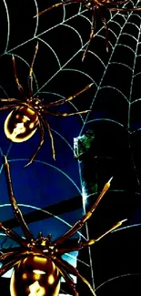 Golden spiders crawl on a dark web background.