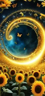 Golden spiral with sunflowers and butterflies in a cosmic scene wallpaper.