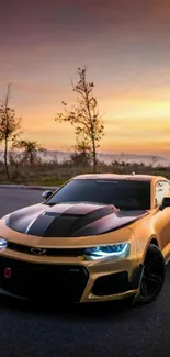 Golden sports car parked on a road at sunset, with trees and a colorful sky.