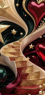 Wallpaper with golden stairs, stars, and hearts.