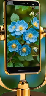 Golden phone stand with blue floral wallpaper