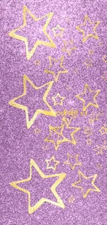 Purple and gold glitter wallpaper with star patterns.