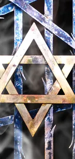 Golden star on blue metal gate with smoky effect background.