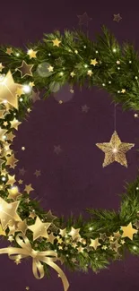 Golden star wreath on purple background.