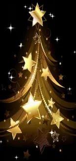 Golden starry Christmas tree on black background wallpaper.