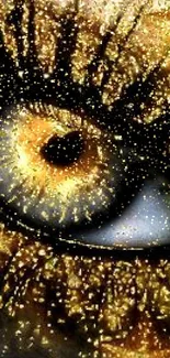 Close-up view of a golden eye with starry patterns and glitter.