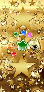 Golden stars and multicolored star mobile wallpaper.