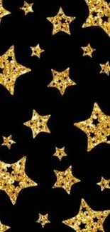 Golden stars on a black background, elegant mobile wallpaper.