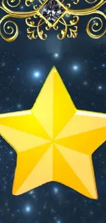 Golden star with ornate design on a deep blue night sky background.