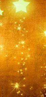 Golden starry night wallpaper with luminous stars.