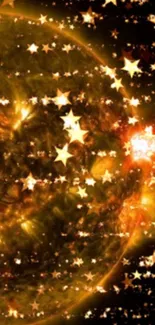 Golden swirling universe with twinkling stars creating a celestial wallpaper.