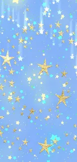 Mobile wallpaper with golden stars on a dreamy sky-blue background.