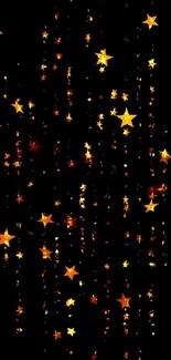 Golden stars glimmering on black background, creating a chic wallpaper design.