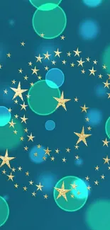 Teal wallpaper with golden stars and circles, creating a magical theme.