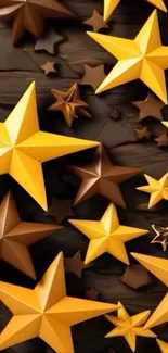 3D golden and brown stars on a wooden background.