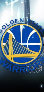 Golden State Warriors team logo on mobile wallpaper with a basketball hoop.