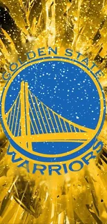 Golden State Warriors logo over a vibrant gold background.