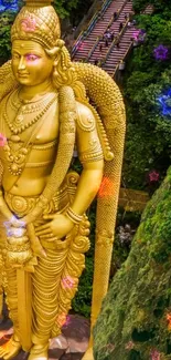 Golden statue with colorful stars and lush green background.