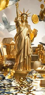 Golden Statue of Liberty surrounded by coins and currency.