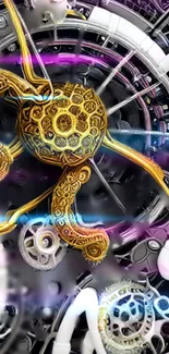 Intricate gold steampunk gear design wallpaper with mechanical artistry.