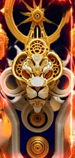 Intricate golden steampunk lion with gears on a vibrant wallpaper background.