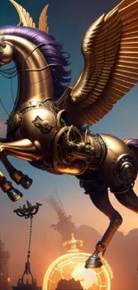 Golden steampunk Pegasus with mechanical wings against a dramatic sky.