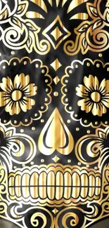 Golden sugar skull with black and gold floral design wallpaper.