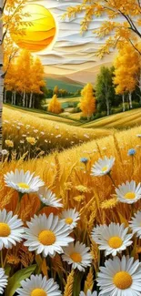 Vibrant golden field with daisies and trees under the sun.