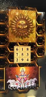 Golden themed mobile wallpaper with a sun, number grid, and chariot design.