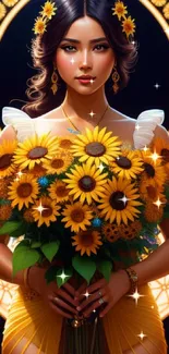 A woman holding sunflowers, surrounded by a golden circle.