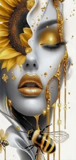 Surreal face with sunflower and honey drip art wallpaper.