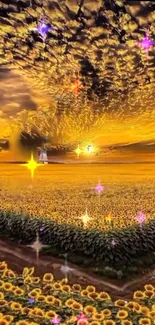 Wallpaper of a golden sunset over a sunflower field with sparkling lights.