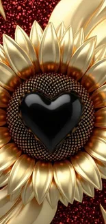 Luxurious golden sunflower with black heart center on red glitter background.