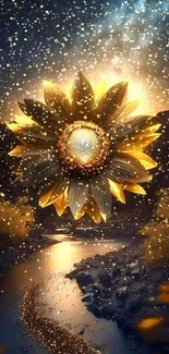 Glowing golden sunflower under a starry night sky with a flowing river.