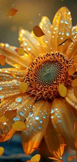 Golden sunflower with dew drops and autumn leaves in rich detail.