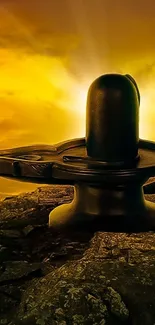 Shiva Lingam silhouette with golden sunrise backdrop.