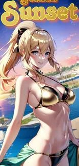 Anime character in a swimsuit at a golden sunset beach scene.