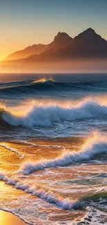 Golden sunset over ocean waves and distant mountains.