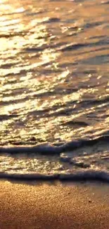 Golden sunset reflecting on ocean waves at a sandy beach.