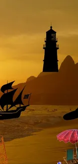 Golden sunset with beach and icons like lighthouse and ship silhouette.