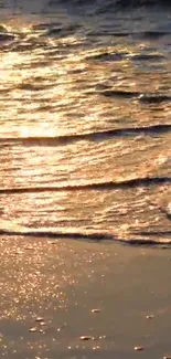 Golden sunset over ocean waves at the beach.