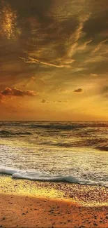 Golden sunset ocean view with beach waves.