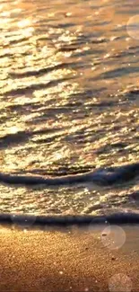 Golden sunset on beach with shimmering waves.