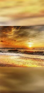 Golden sunset over ocean waves with a tranquil beach scene.