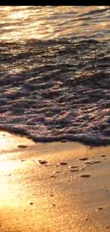 Golden sunset over ocean waves on a sandy beach wallpaper.