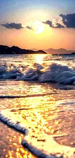 A serene sunset over a beach with waves gently crashing.