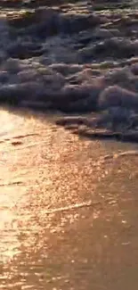 Golden sunlight on beach waves at sunset with a calm, serene atmosphere.