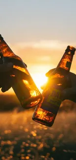 Two bottles clink at sunset with golden hues.